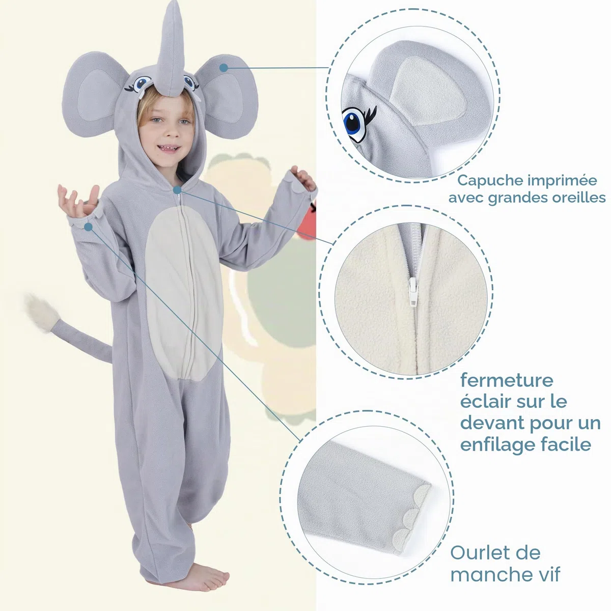 Sincere Party Costume de cache-couche éléphant mignon en toison, combinaison d'éléphant à capuche vive pour garçons et filles L(8-10)