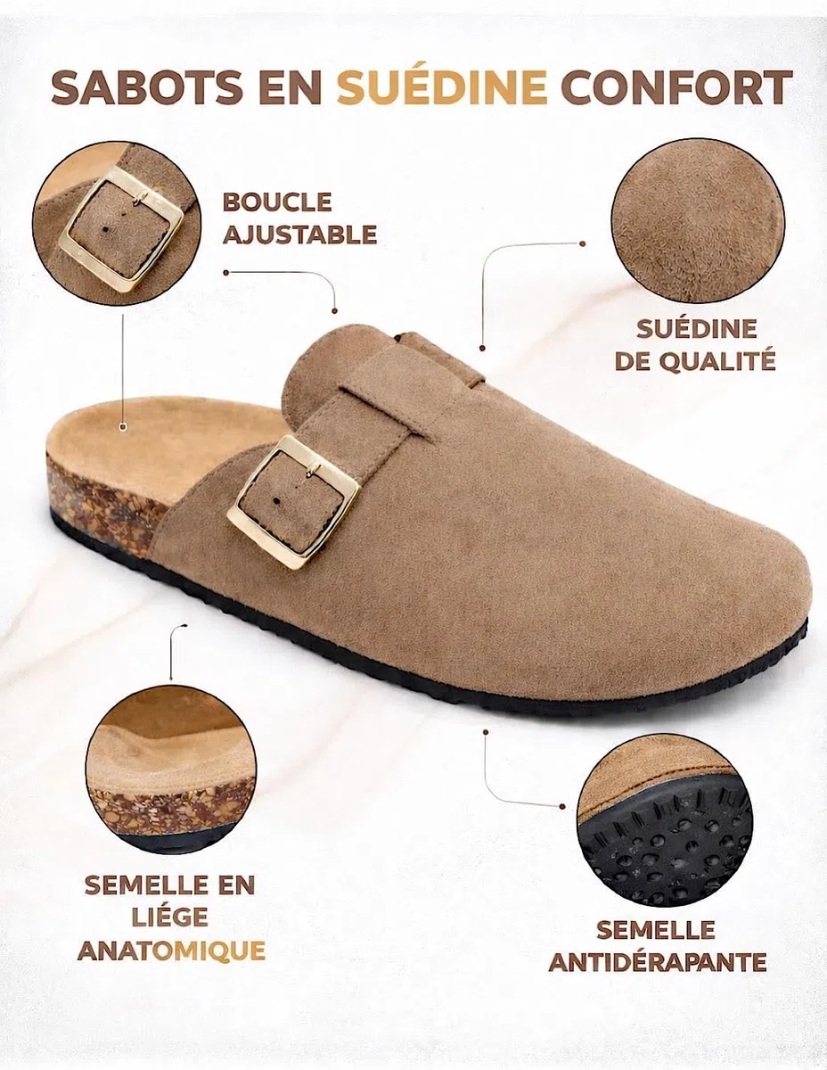 Sabots Femme Confort Anatomique en Suédine – Mules Semelle Liège Antidérapante, Chaussures Légères Intérieur Extérieur