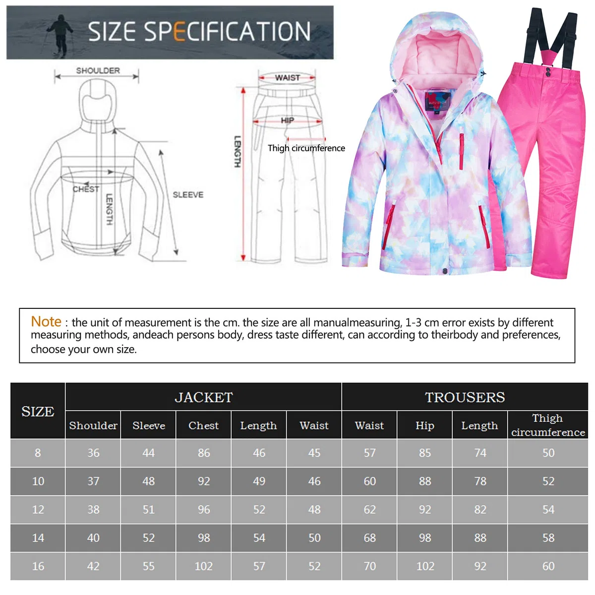 Ensemble de Ski Enfant Fille Garçon Veste de Ski Snow avec Salopette Matelassé Combinaison de Ski Neige Snowboard Imperméable Coupe-Vent
