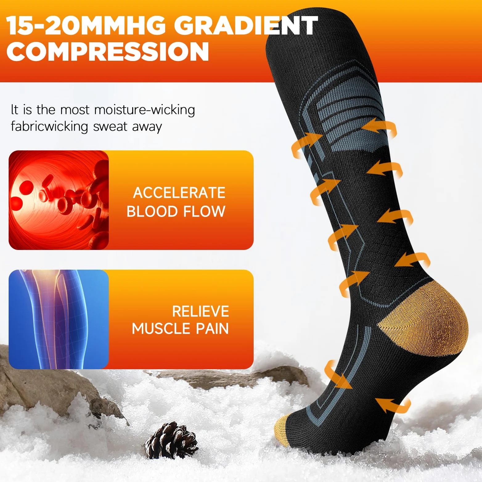 TANSTC Chaussettes de Ski Haute Performance Homme Femme 43-46 39-42 47-50 35-38 Chaussettes Hiver Chaudes Épais Coussin Chaussettes Longues Thermiques Respirant pour Ski Travail Randonnée 2 Paires
