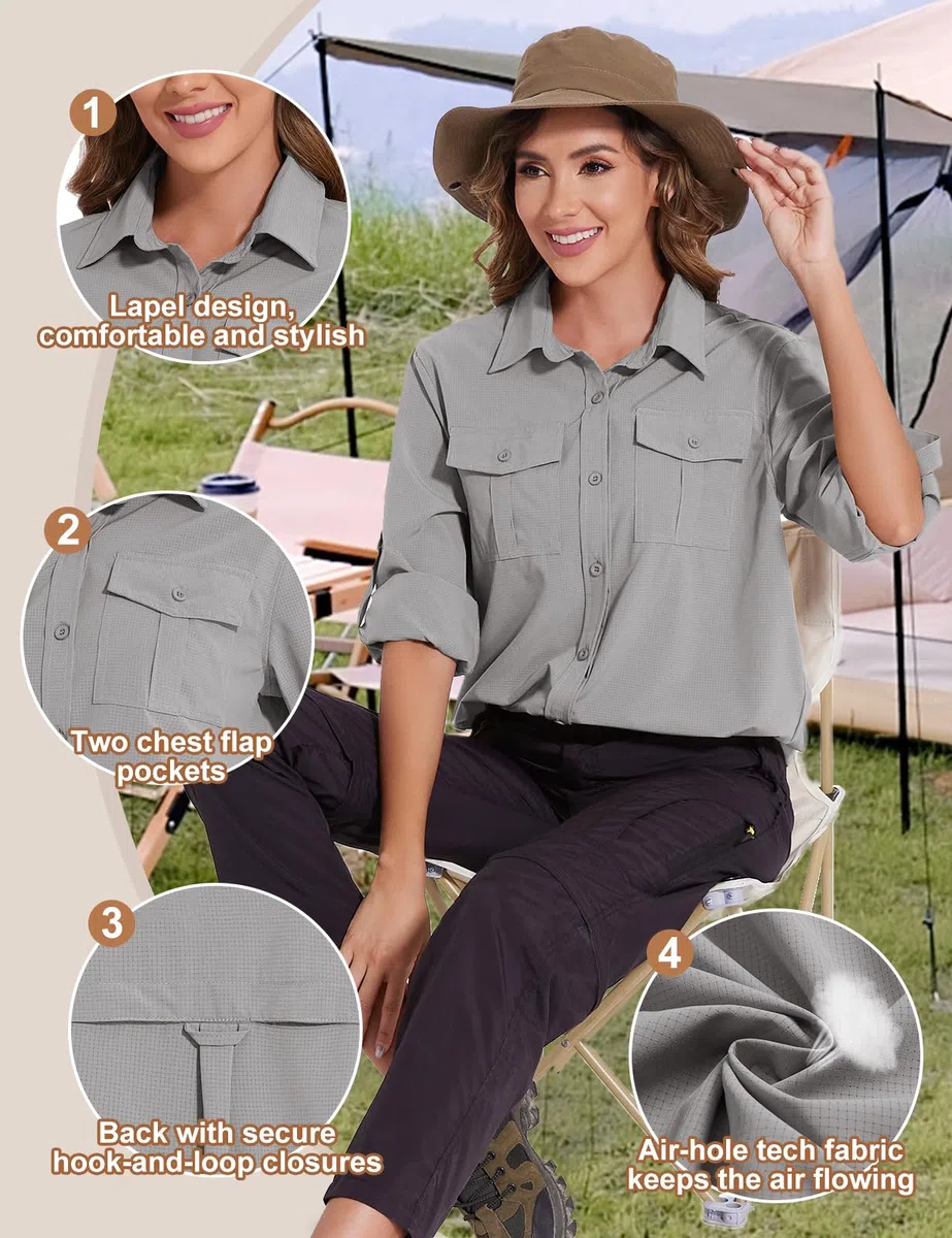 Tuopuda Chemisier Femme Chic Élégant Blouses UPF 50+ Protection Solaire T-Shirt Chemise Col en V avec Boutons Respirant Tunique Haut Manches Longues Décontracté Tops Randonnée Safari