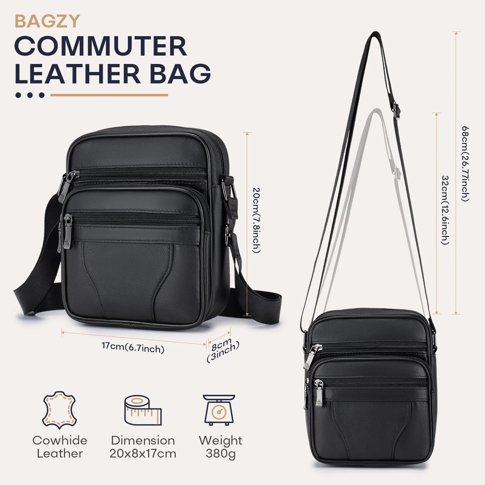 BAGZY Sacoche Homme Bandouliere Sacoche Homme Cuir Veritable Petit Sac Bandoulière Homme Sac Porté Epaule Sacs Business Sacs à Dos Porté Travers Pochettes Sacs à Main Voyage