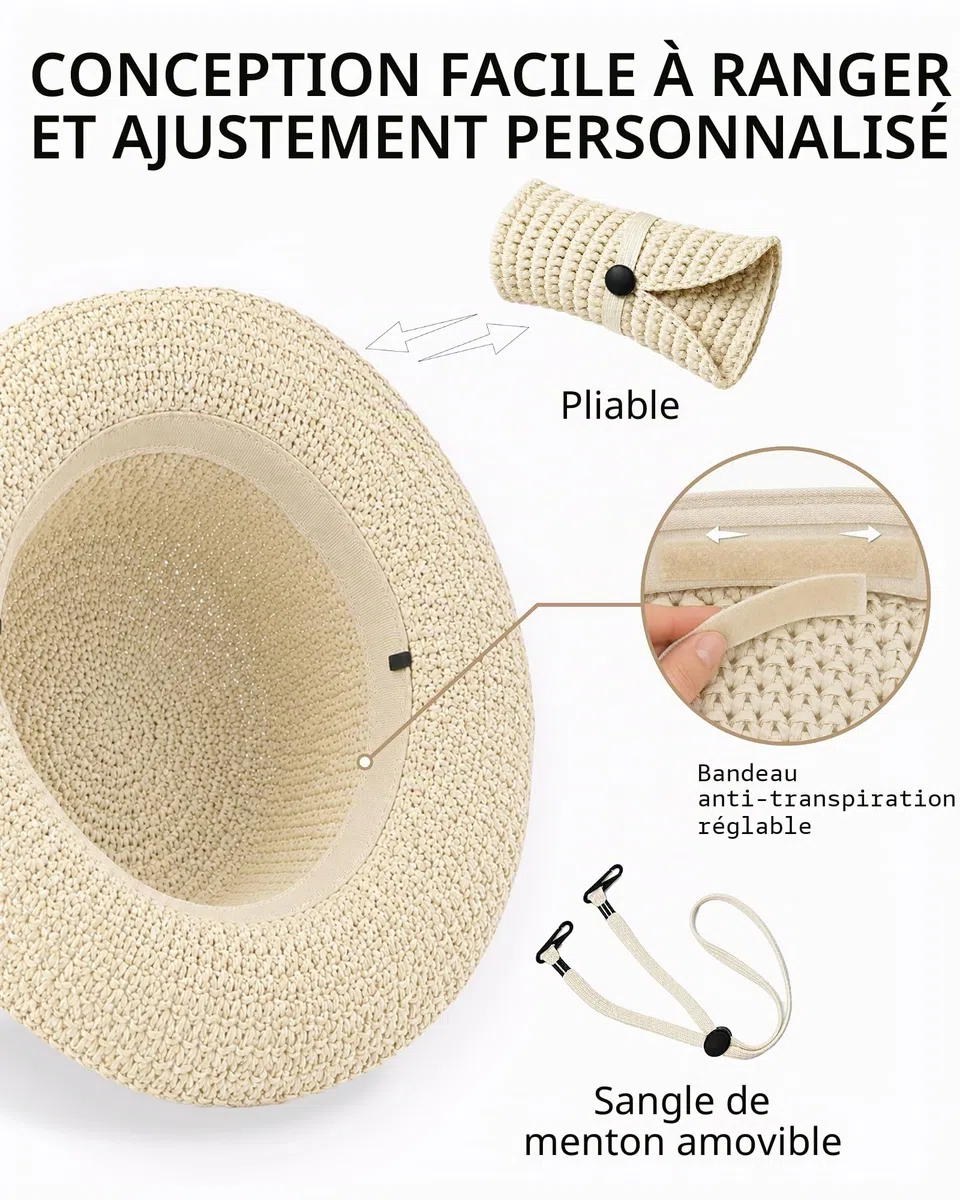 Zylioo Chapeaux de paille XXL - Grand chapeau de voyage d'été - Taille S M - Large bord - UPF 50 - Pliable