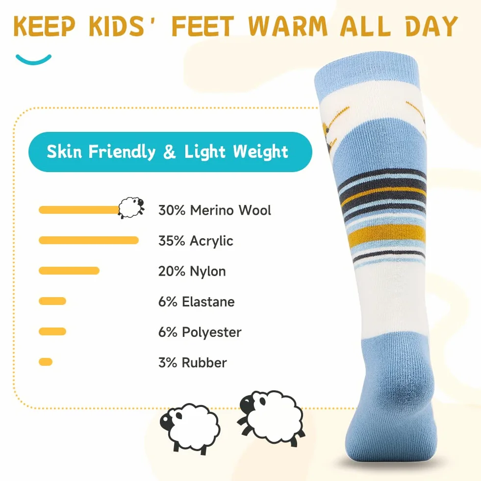 Findway Chaussettes de Ski pour Enfant en Laine Mérinos, Chausettes Thermiques de Ski Enfant Filles et Garçons Souples Respirantes pour Ski Snowboard, 2 paires/3 paires