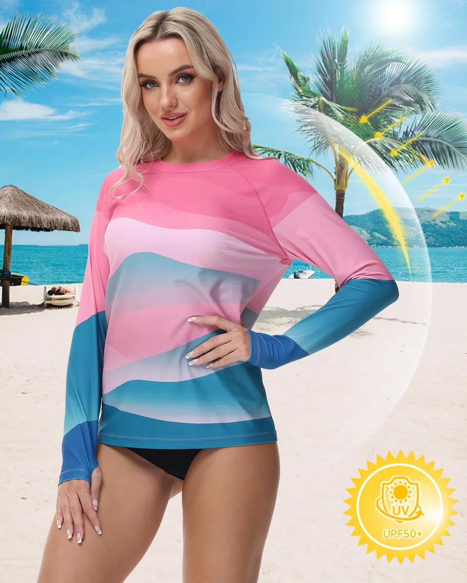 VAYAGER Maillot de Bain Anti-UV Femme UPF50+ Manches Longues Rash Guard pour Surf Et Natation - Respirante avec Passe-Pouce