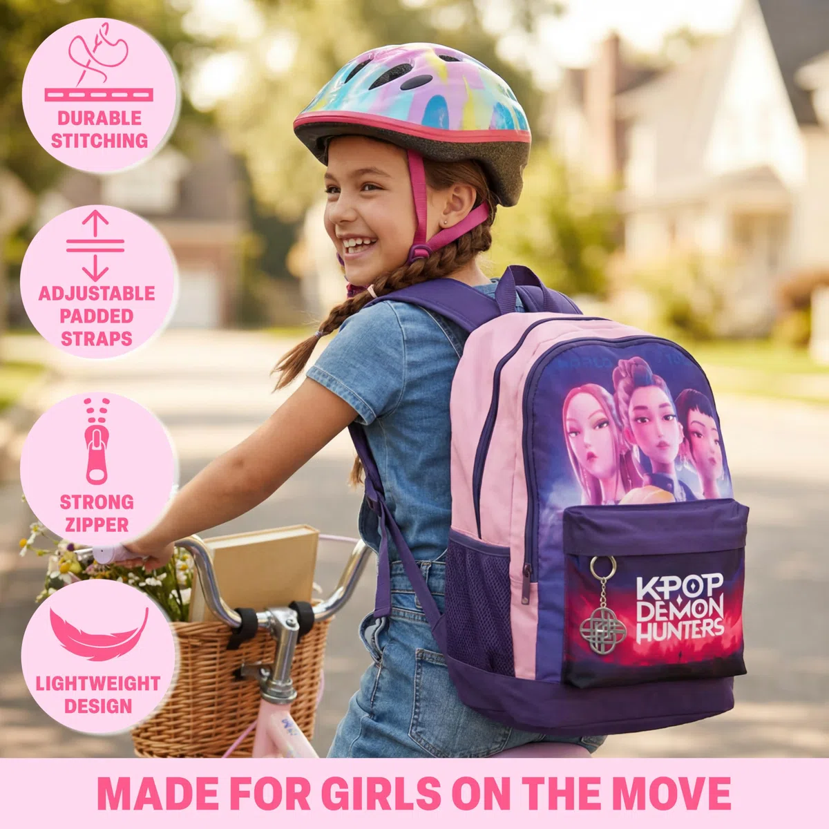 Get Trend Kpop Demon Hunters Huntrix Sac a Dos Enfant Fille, Fermeture Eclair et Rembourré Cartable Enfant avec Porte Clef, Cadeau Fille (Violet/Rose)