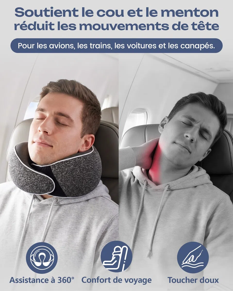 Aosun Coussin de Voyage Avion et Voiture, Oreiller de Voyage Mémoire de Forme, Tour de Cou 4 en 1 avec Masque 3D, Bouchons d’Oreilles et Étui, Coussin Cervical Compact Lavable