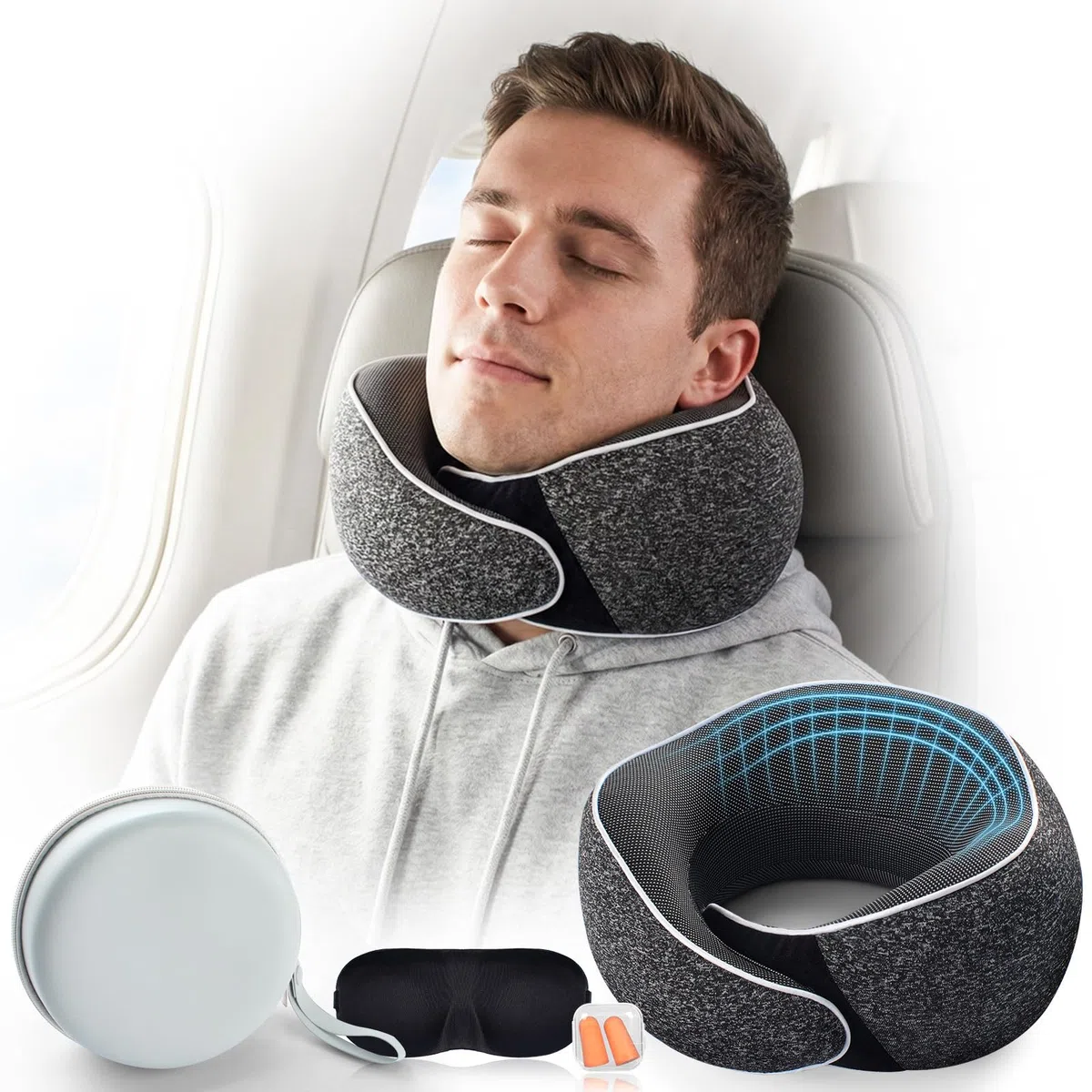 Aosun Coussin de Voyage Avion et Voiture, Oreiller de Voyage Mémoire de Forme, Tour de Cou 4 en 1 avec Masque 3D, Bouchons d’Oreilles et Étui, Coussin Cervical Compact Lavable