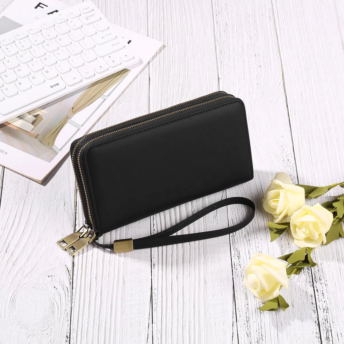 GAEKEAO Portefeuille Femme Grand, Porte Feuille Feminin Cuir Végétalien Double Fermeture à Glissière, RFID Porte chequier, avec Multiples Poches Portefeuilles et Porte-Cartes Idee Cadeau Femmes