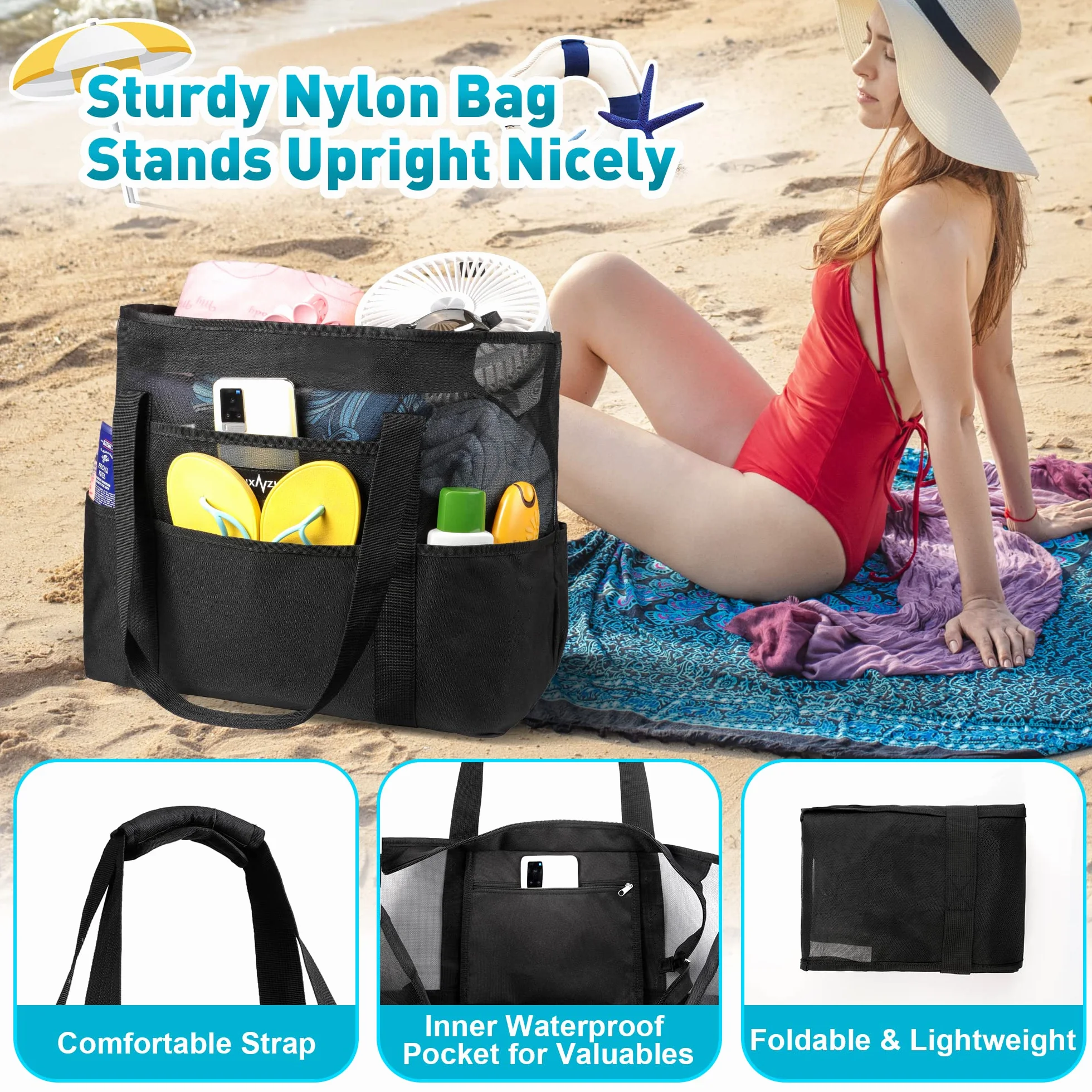 Sac de Plage Grand en Maille avec Fermeture Éclair, Fourre-Tout de Plage Anti-Sable Pliable Main Sac, Piscine Voyage L'été Vacances Vêtements Jouets Gym