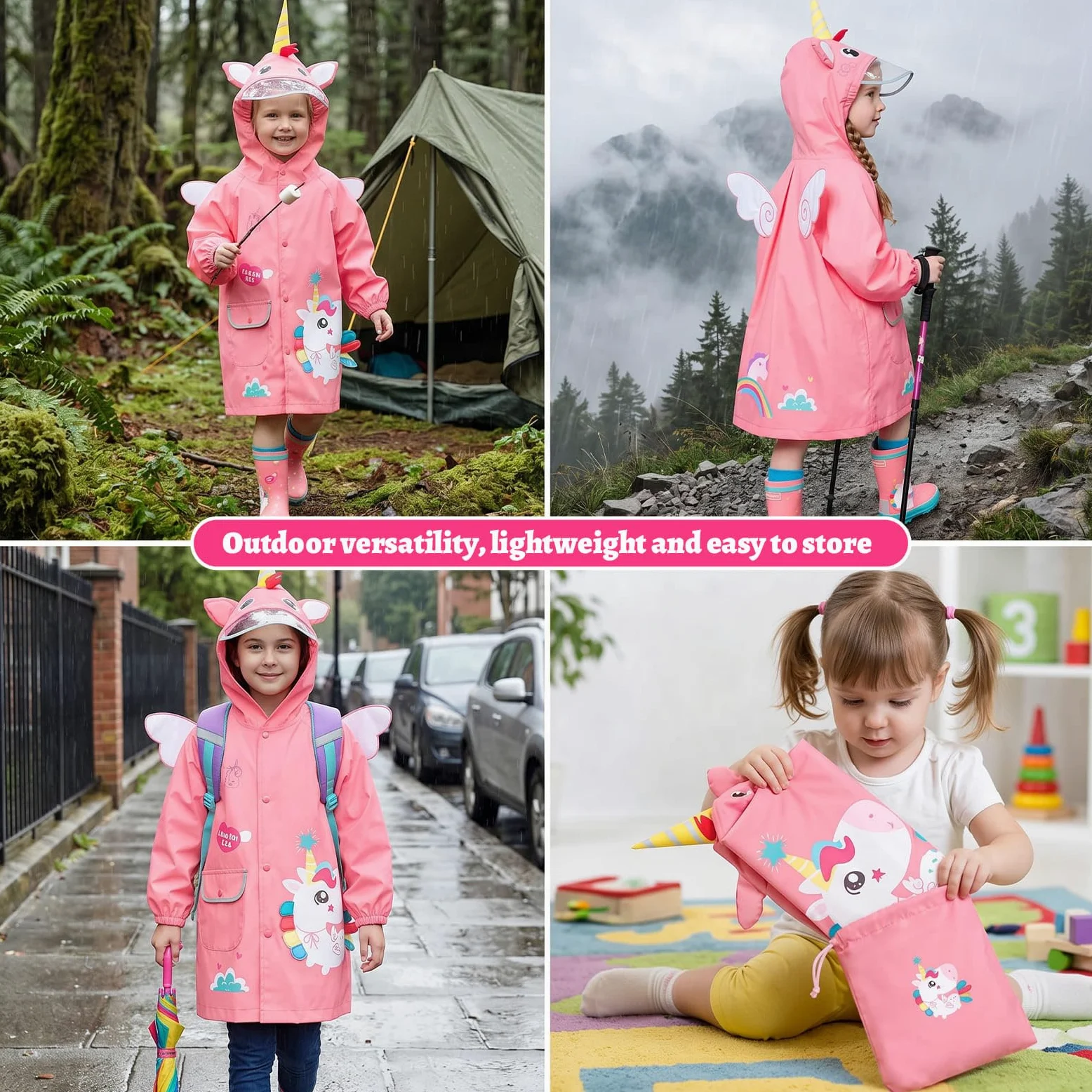 JinBei Poncho de pluie imperméable pour enfants - Cape à capuche - Respirant - Léger - Facile à sécher - Motif dessin animé 3D - Vêtements de pluie pour enfants filles garçons de 2 à 8 ans