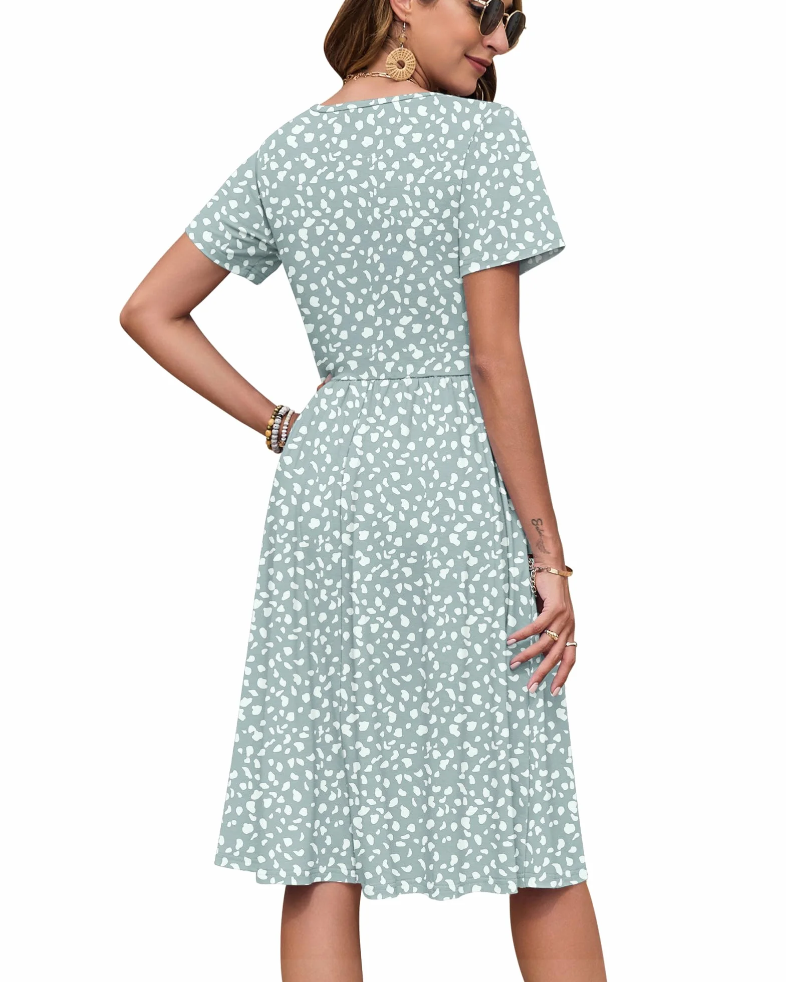 AUSELILY Robe Femme d'été à Manches Courtes avec Boutons Robes Longueur Genou légère Col en V Style Empire Décontractée avec Poches