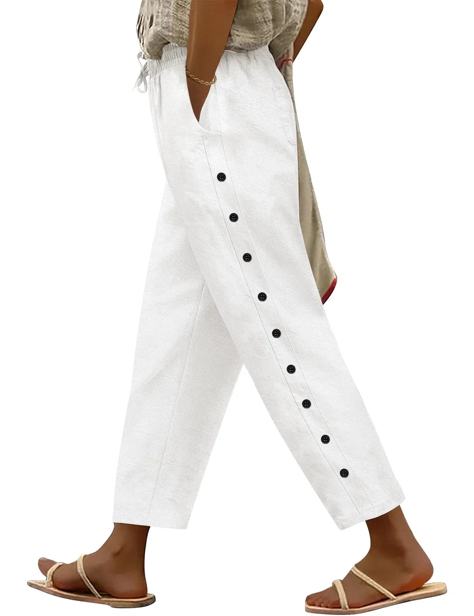 Voqeen Pantalon Femme Été 7/8 Pantacourt Fluide Léger avec Poches Pants de Plage Ample Décontracté Taille Elastique en Coton Pantalon de Travail avec Cordon