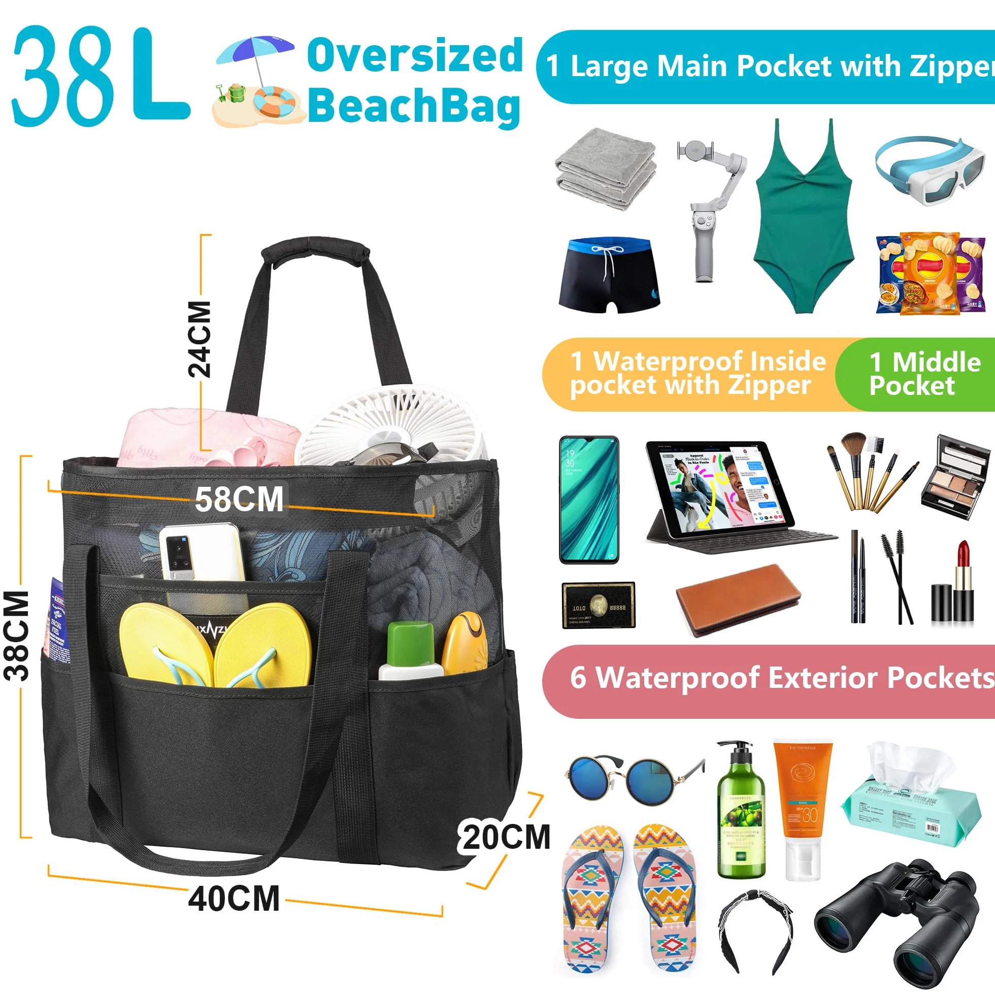 Sac de Plage Grand en Maille avec Fermeture Éclair, Fourre-Tout de Plage Anti-Sable Pliable Main Sac, Piscine Voyage L'été Vacances Vêtements Jouets Gym