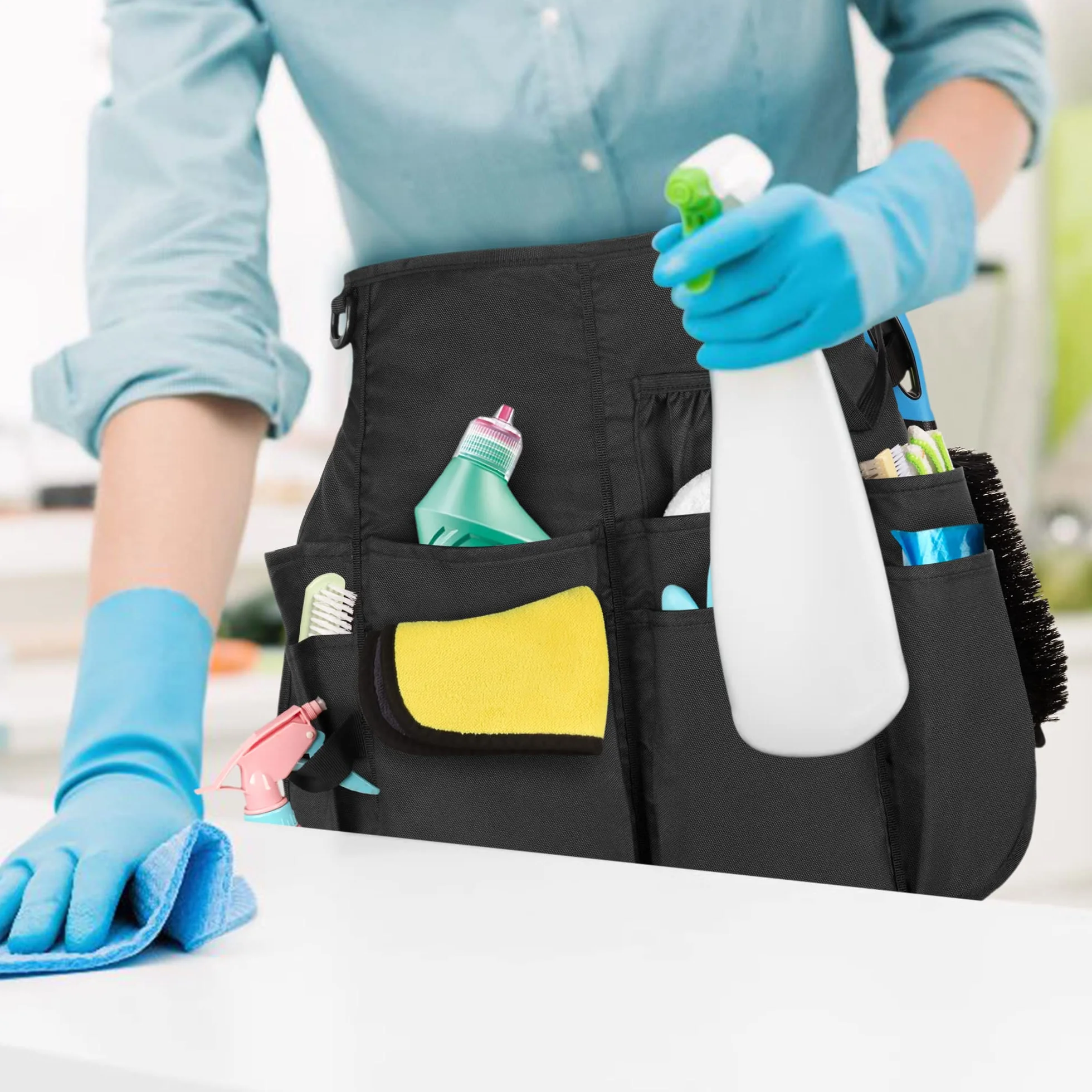 LoDrid Tablier de nettoyage professionnel, tabliers de nettoyage résistants à l'eau avec 9 poches et ceinture à boucle réglable pour les travaux de nettoyage de la maison, de l'hôtel