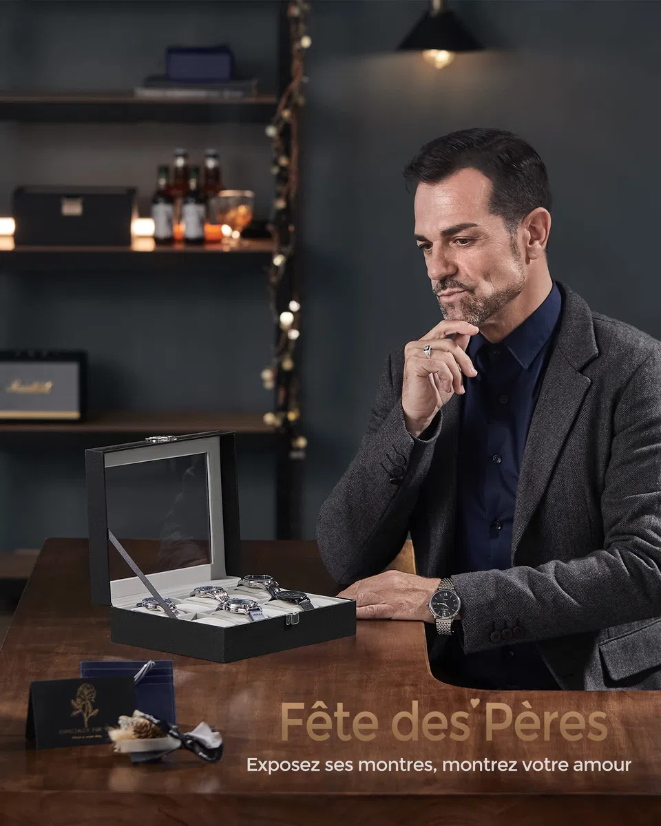 SONGMICS Boîte à Montres à 10 Emplacements, Coffret à Montres, Écrin, Couvercle en Verre, Coussinets Amovibles, Serrure en Métal, Revêtement en Noir et Doublure en Gris Verdâtre JWB010BK