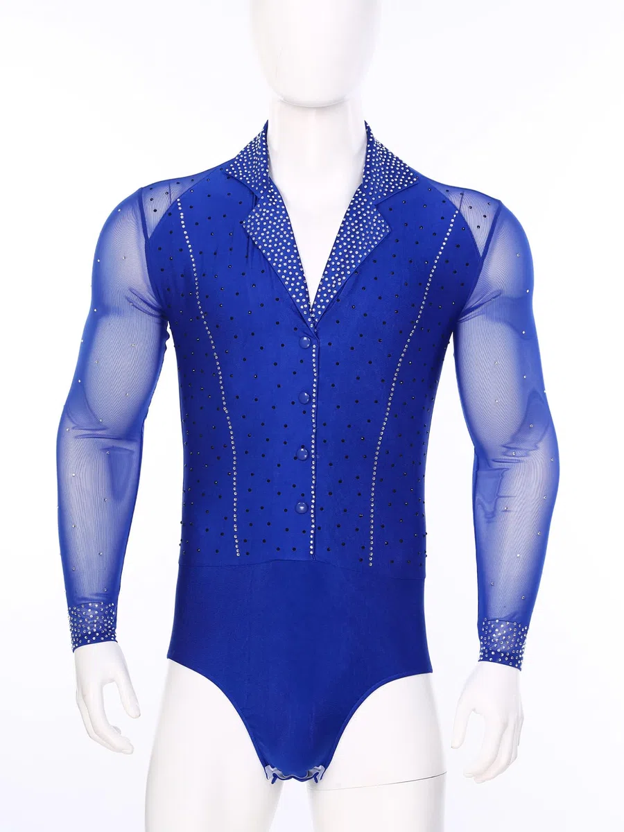 Oyolan Ensemble de Patinage Artistique Homme Justaucorps Patinage sur Glace Strass Manches Longues Pantalon Frangé Costume
