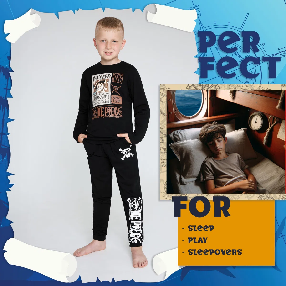 One Piece Ensembles de Pyjama Garçon, Pyjama Enfant Garcon Hiver Chaud Cadeau Anime Manga Enfant Ado 7-14 Ans