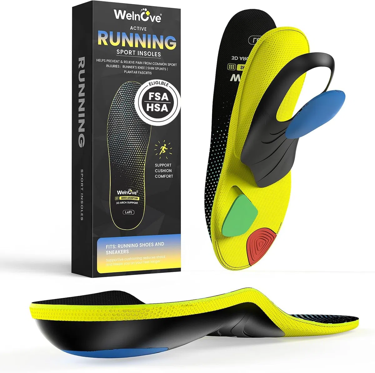 Welnove Semelles Orthopédiques Sport - Triple Absorption des Chocs pour Soulager la Douleur au Pied, Réduire la Fatigue, Améliorer les Performances, taille M 39-40.5