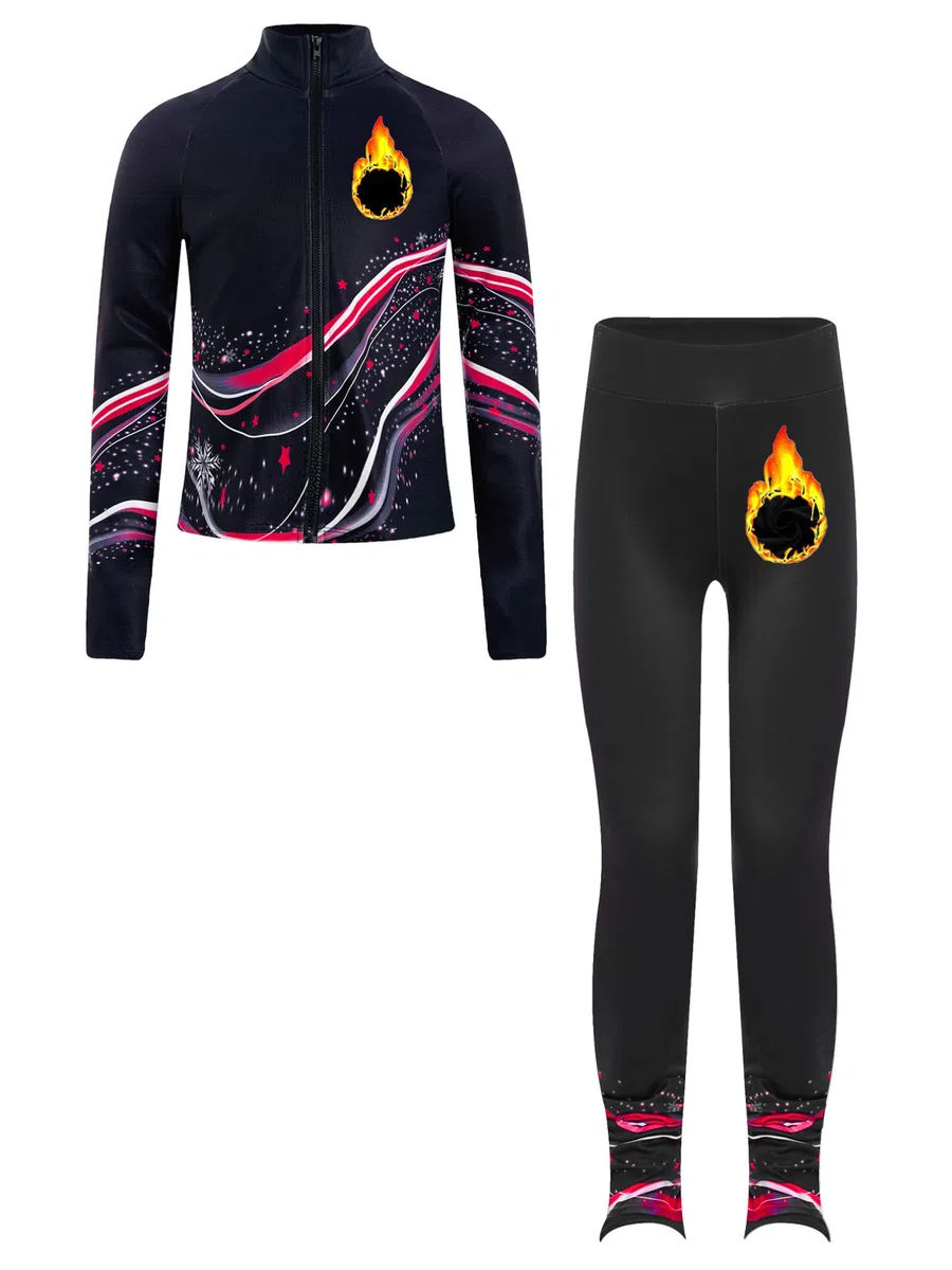 ranrann Ensemble Patinage Artistique Fille Veste Chaud Polaire avec Pantalon Collant Legging Tenue Patinage sur Glace Sport A Rouge 5-6 ans