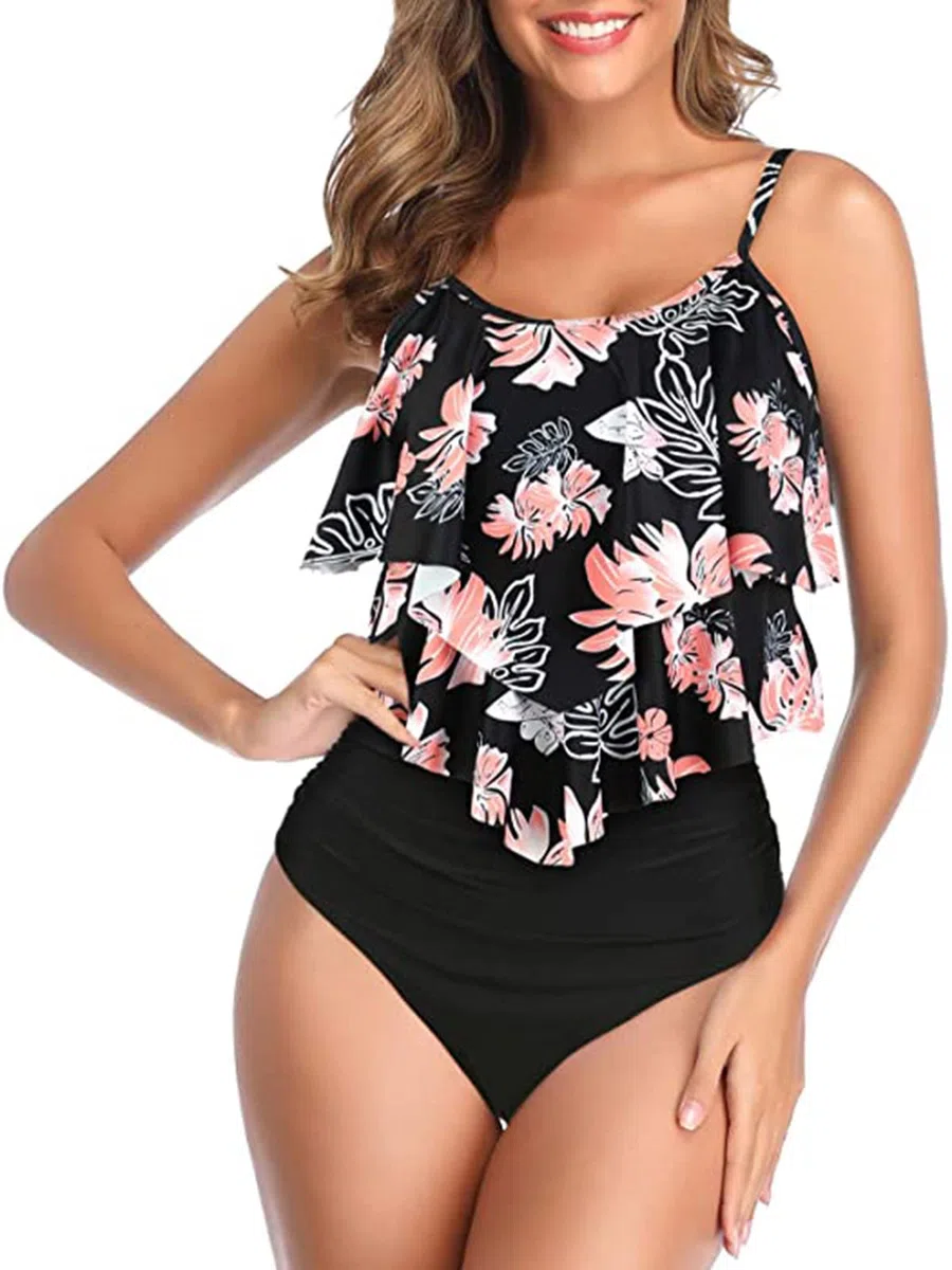 Genfien Maillot de Bain Deux Pièces pour Femme Haut à Volants et Bas Taille Haute Push Up Bikini Taille Haute Vintage Bikini Ensemble