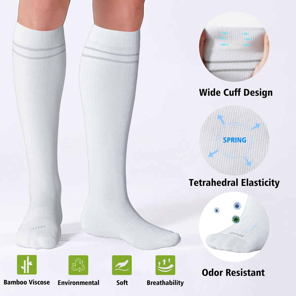 LEVSOX Chaussettes de compression en bambou pour homme et femme 20-30 mmHg - Chaussettes de soutien mignonnes pour infirmières, femmes enceintes, voyages