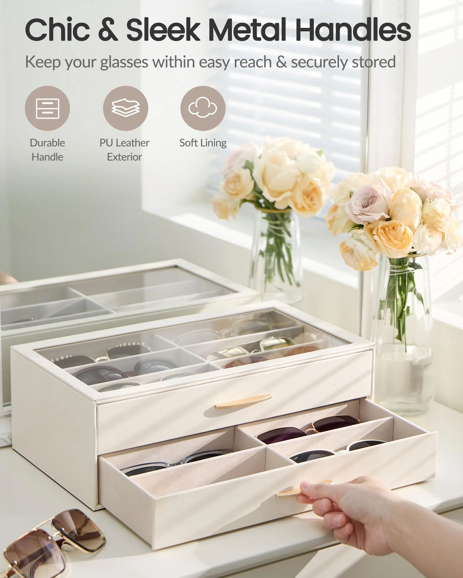 Lolalet Boîte à Lunettes pour Femme, Rangement Lunettes de Soleil, Coffret Élégant en PU avec Couvercle Transparent