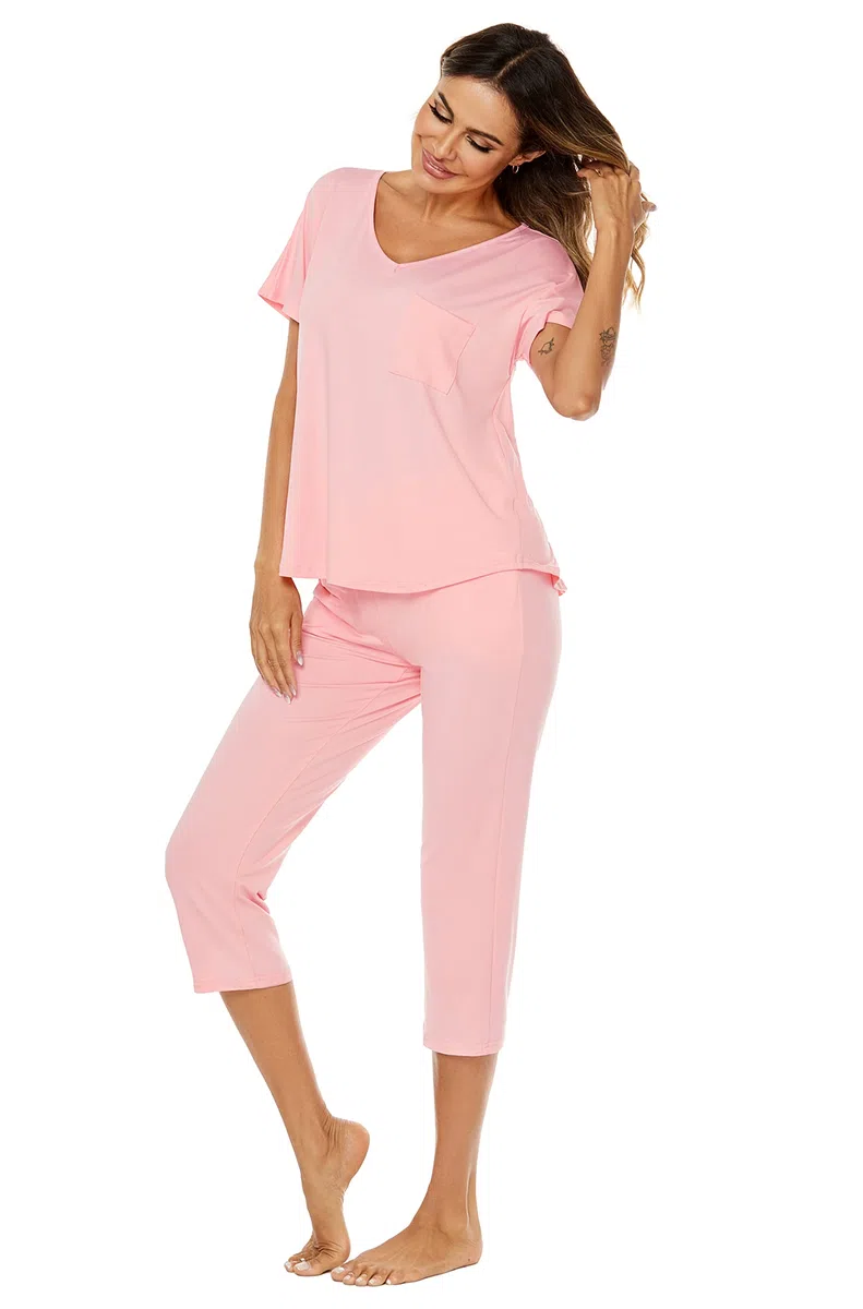 Survêtements Coton Femme Ensemble de Pyjama 2 Pièce Sportswear Jogging Été Col en V Haut et 3/4 Pantalon Sweat Suit Tenue Sport Ensemble Vêtements de Nuit