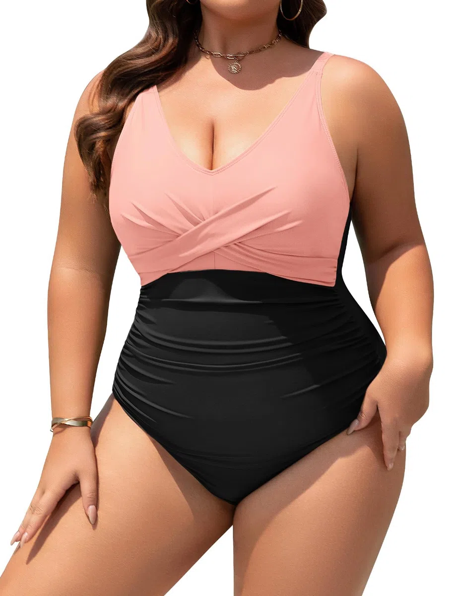 Maillot de Bain Grande Taille Femme 1 Piece Ventre Plat Swimsuit Sexy Col en V Maillot de Bain Réglable Push Up Rembourré Grosses Poitrines Monokini L-4XL