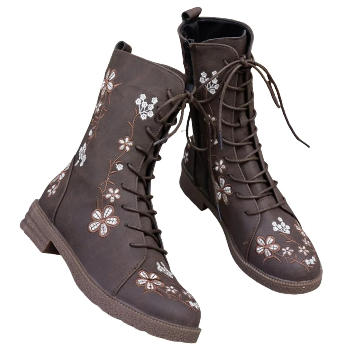 Bottines pour femme - En cuir - Élégantes - Avec fermeture éclair - Pour l'automne et l'hiver - Imprimé floral