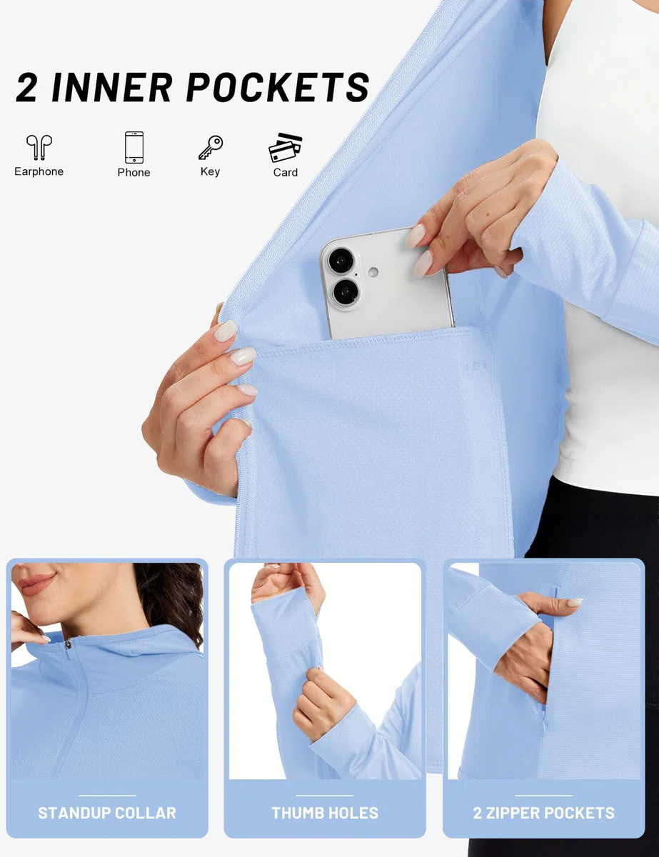 TACVASEN Femmes Hoodie Chemises de Protection Solaire Séchage Rapide UPF 50+ UV Protection été Veste à Capuche avec Poche Zippée