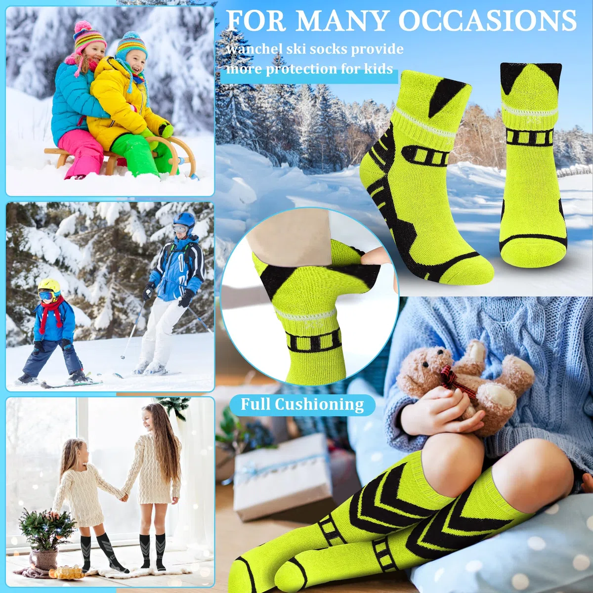 Chaussettes de ski chaudes pour enfants – 2 paires de chaussettes de ski en laine mérinos, chaussettes thermiques d'hiver chaudes pour le snowboard pour garçons et filles