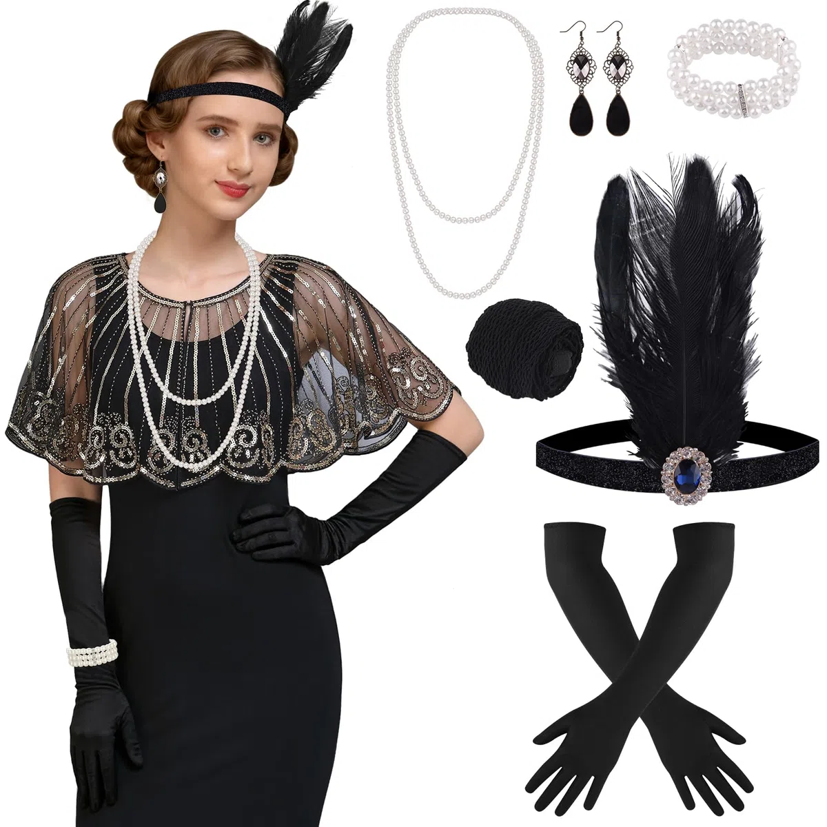 ELECLAND 10 Pièces Années 1920 Flapper Great Gatsby Accessoires Set Mode Roaring 20's Theme Set avec Bandeau Bandeau Long Gants Noirs Collier Boucles d'Oreilles pour Femme