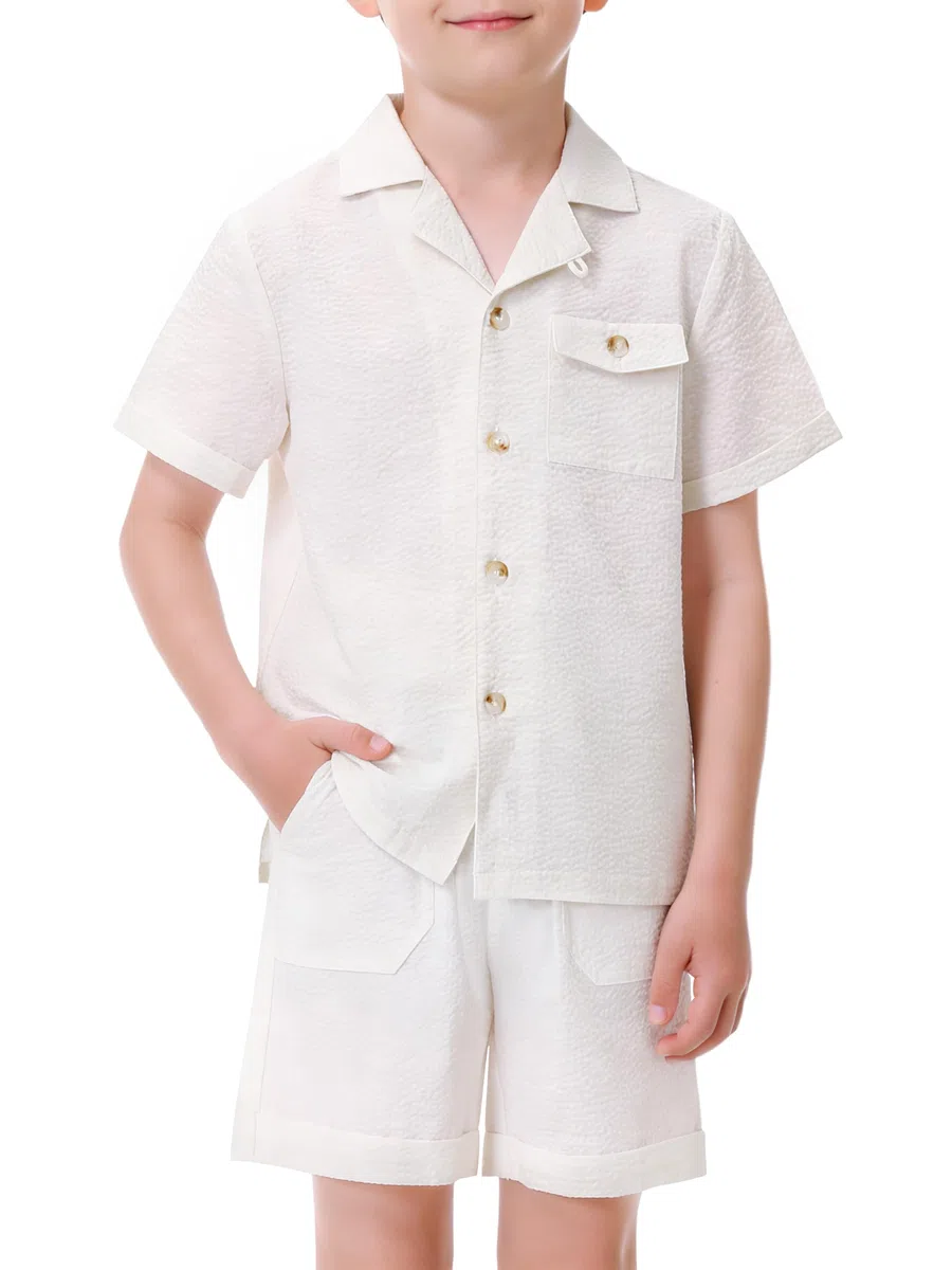 Volunboy Ensemble Été Garçon Seersucker, Chemise à Col Campagne Texturée à Boutons & Short Élastique, 4-10 Ans