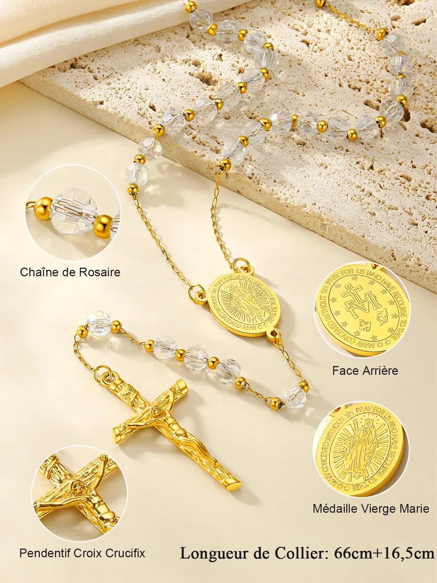 FaithHeart Collier Chapelet Catholique en Acier Inoxydable pour Femme Homme, Chaîne de Rosaire 66cm avec Médaille de Vierge Marie et Pendentif Crucifix, Cadeau Bijou pour Communion et Baptême