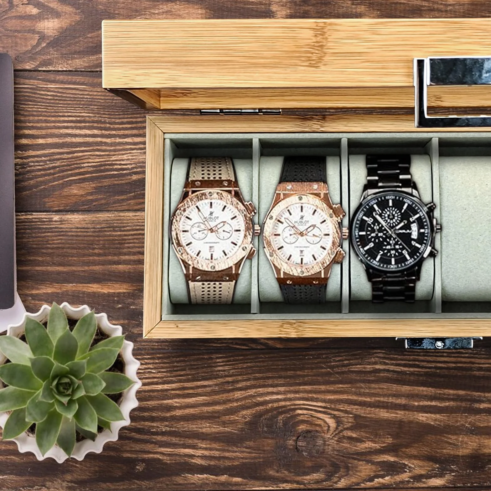Boite a Montre 6 Slots, Boite Rangement Montre avec Oreiller Amovible, Etui Montres d'Affichage Vintage, Coffret Montres avec Couvercle En Verre(6 emplacements)