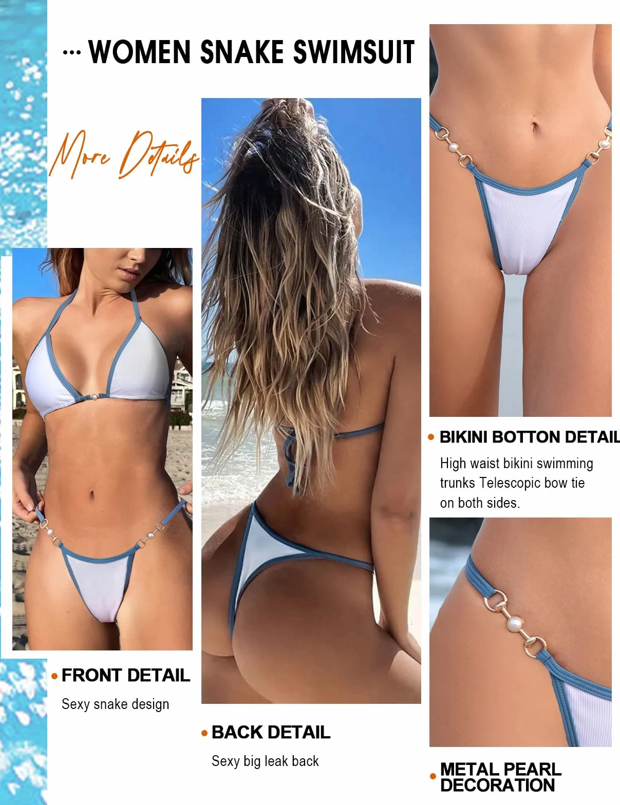 UMIPUBO Maillot de Bain 2 Pieces Femme Bikini Sexy Taille Basse String Bretelles Réglables Push Up couleur contrastée Perle Elégant Ensemble