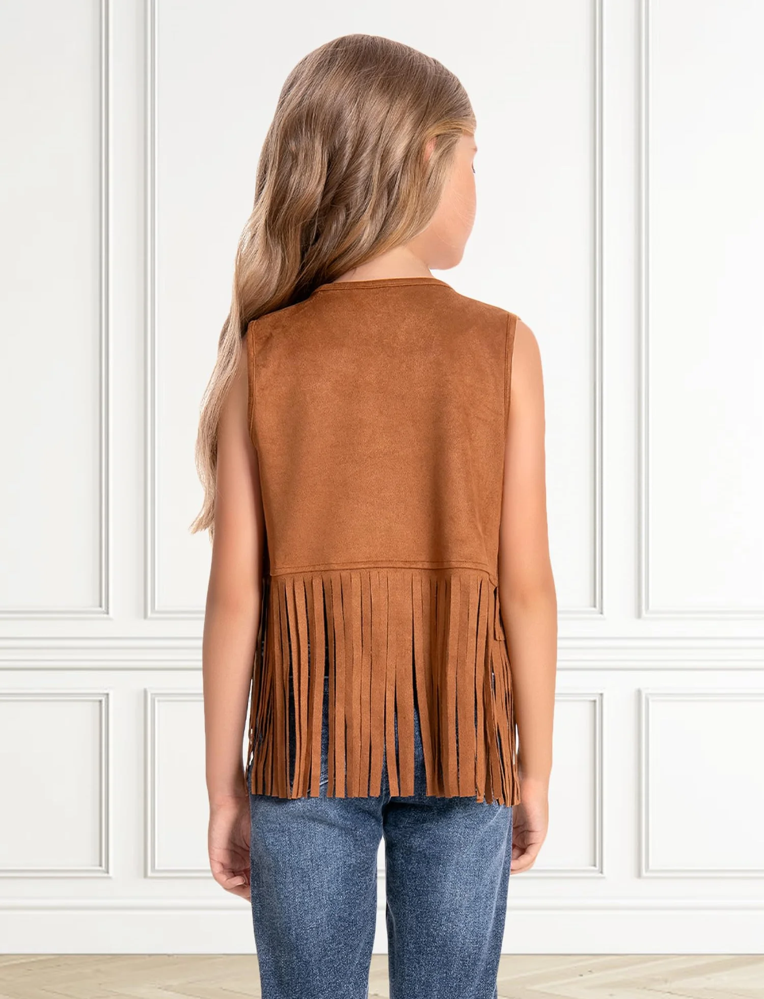SEAUR Gilet à Franges pour Fille Hippie Gilet Cowgirl Western avec Rivets Veste Sans Manches en Similicuir Vêtements Style Années 60-70 Enfants 5-12 ans