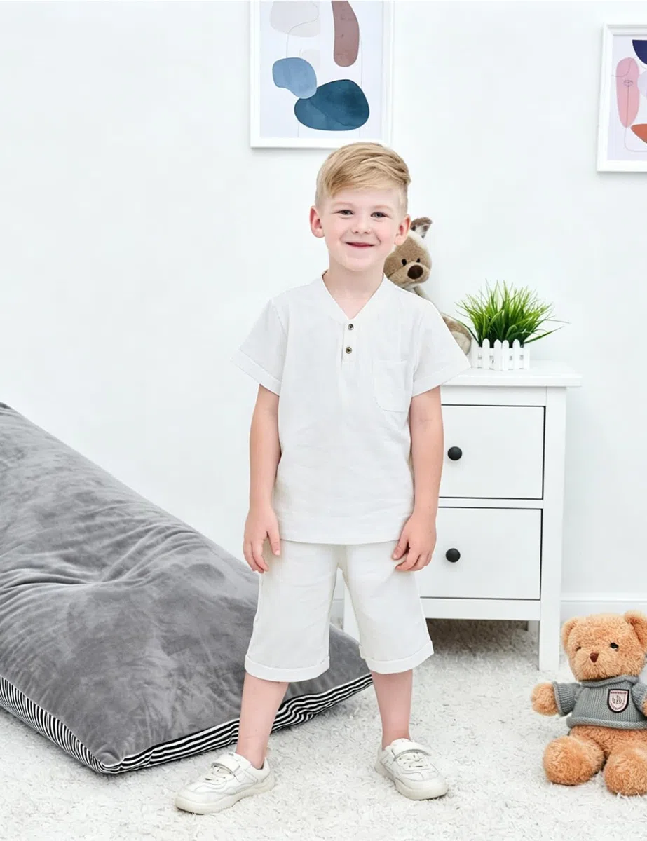 BINIDUCKLING Ensemble 2 pièces pour garçon avec col Henley et short - En coton et lin - Pour enfants de 4 à 14 ans