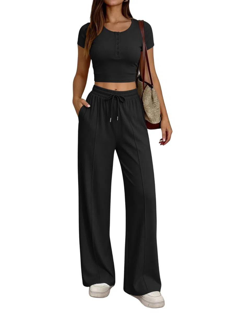 JFAN Ensemble Femme 2 Pièces Casual de Sport Slim Fit Short Sleeve Top et Cordon Pantalon avec Poches Loungewear Chic Outfit Été Automne Survêtement Suit