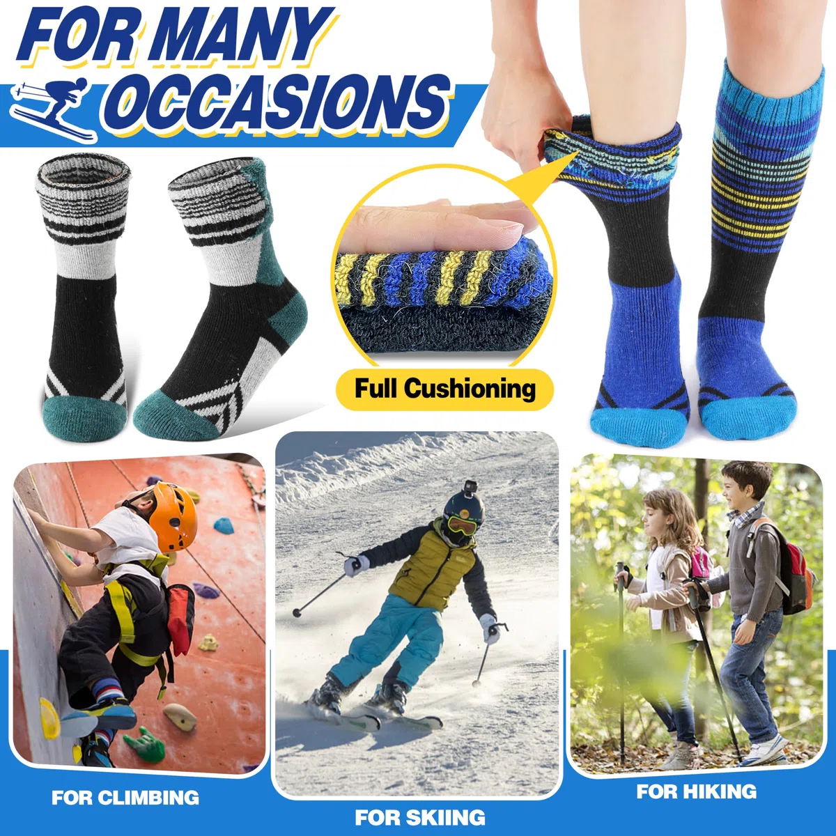 ANTSANG 3 Paires Chaussettes Ski Laine Mérinos Enfants Garçons Filles Chaudes Hiver Épaisses Rembourrées pour Snowboard Ski