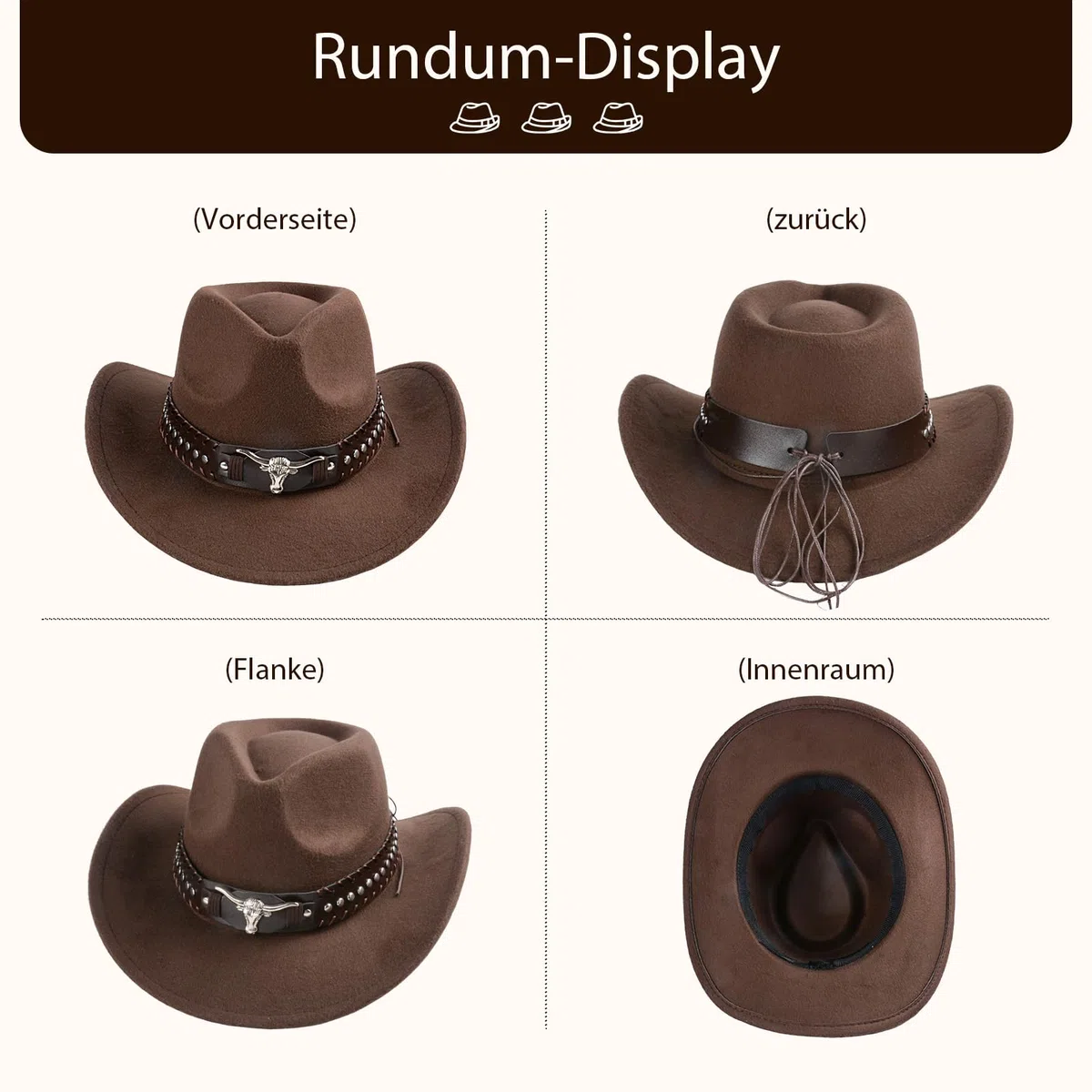 Lot de 2 chapeaux de cowboy occidental avec accessoires uniques tête de taureau - Bord vieilli - Chapeau de protection solaire d'extérieur en laine - Multifonctionnel - Unisexe - Avec sangle en cuir