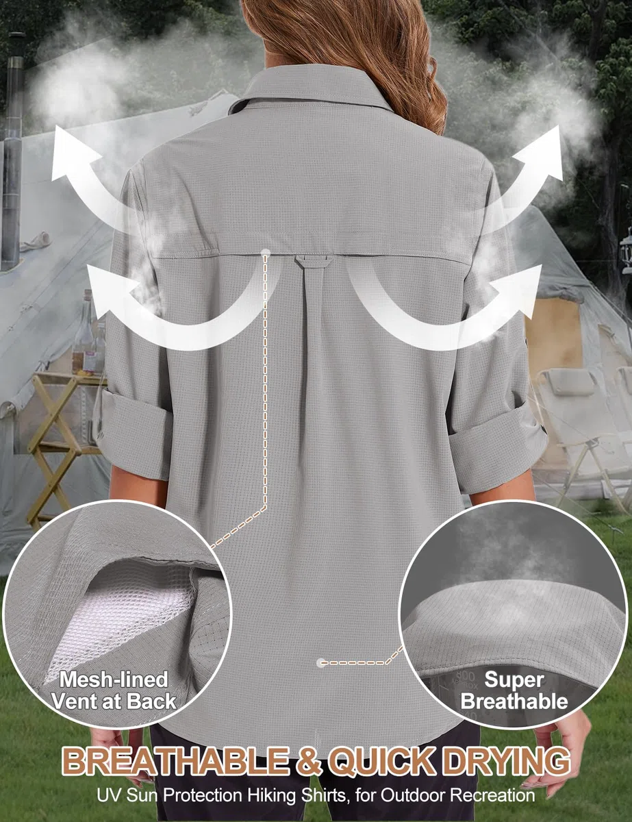 Tuopuda Chemisier Femme Chic Élégant Blouses UPF 50+ Protection Solaire T-Shirt Chemise Col en V avec Boutons Respirant Tunique Haut Manches Longues Décontracté Tops Randonnée Safari
