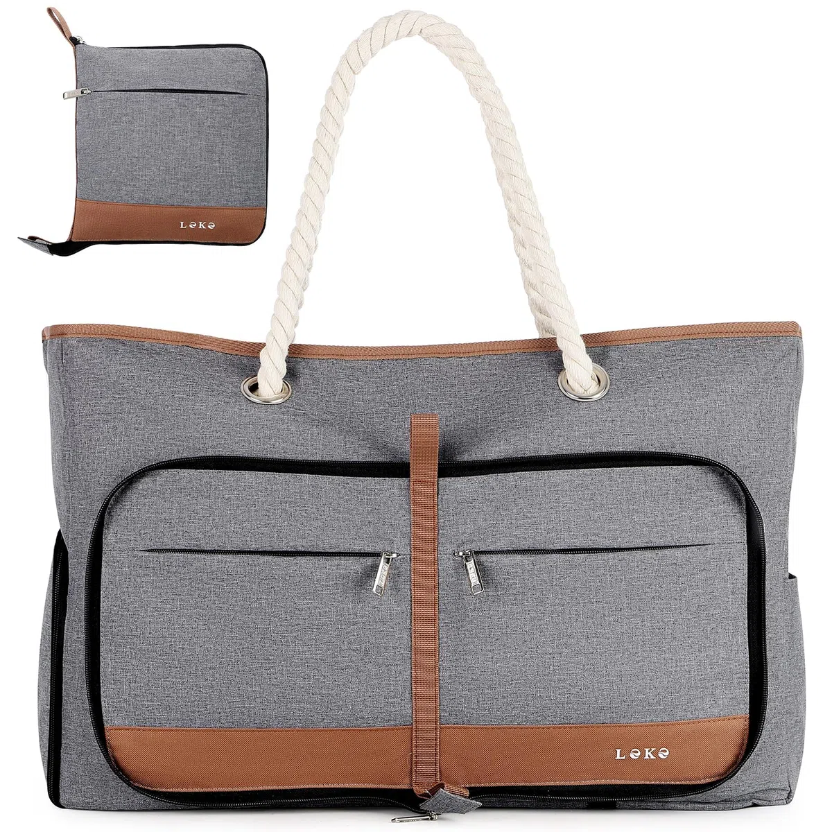 XXL Grand Sac de Plage Femme avec Compartiment Chaussures Séparé, 35 Litres - Cabas Plage Pliable Imperméable, Idéal pour la Plage, les Voyages et un Usage Quotidien - Gris
