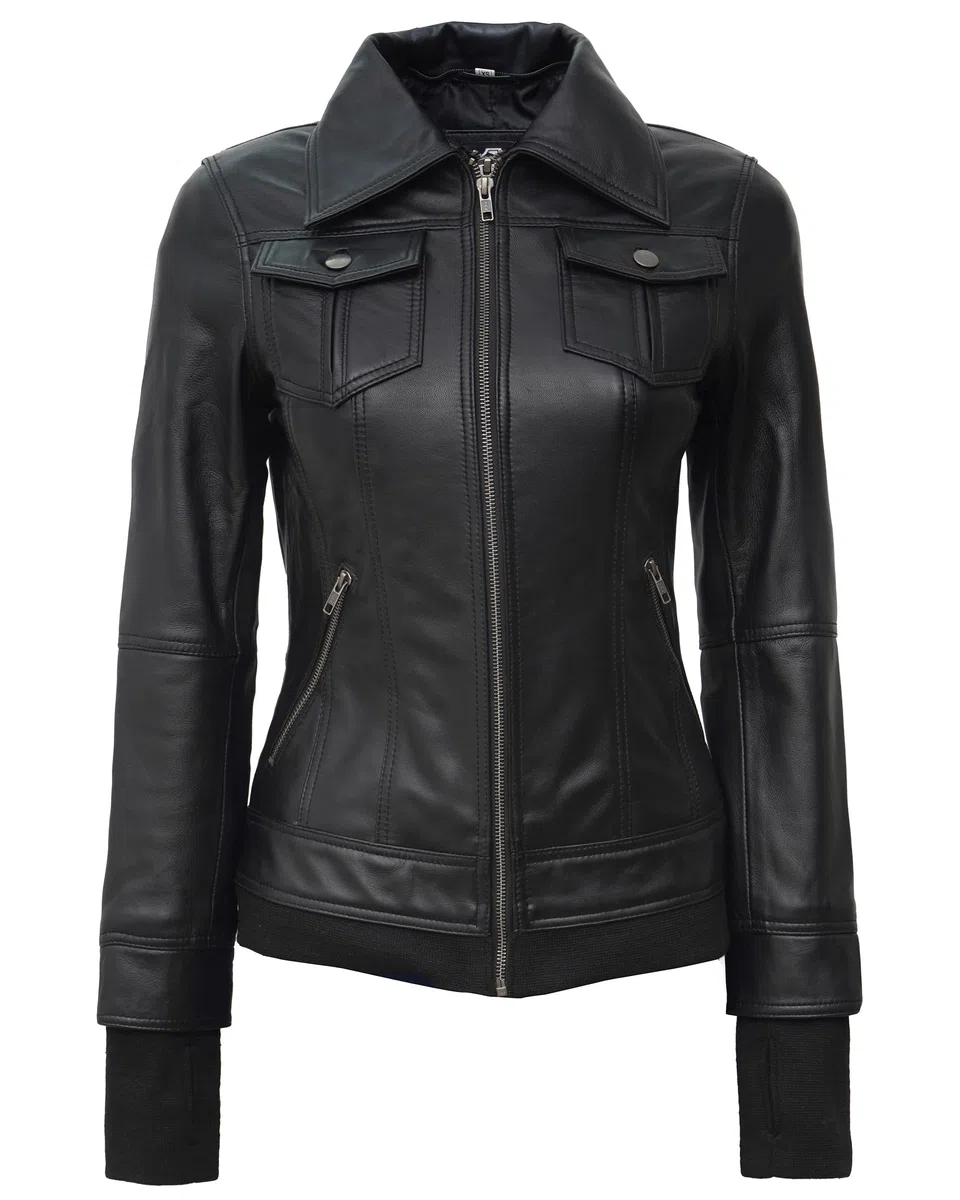 fjackets Blouson bomber à capuche en cuir d'agneau véritable pour femme avec capuche amovible