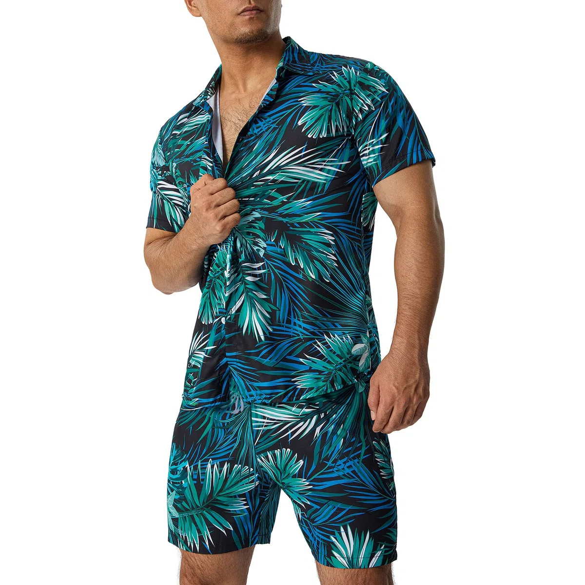 Loalirando Ensemble Hawaien Homme de 2 Pièces Chemise Imprimées à Manches Courtes + Shorts Assorti Taille Elastique