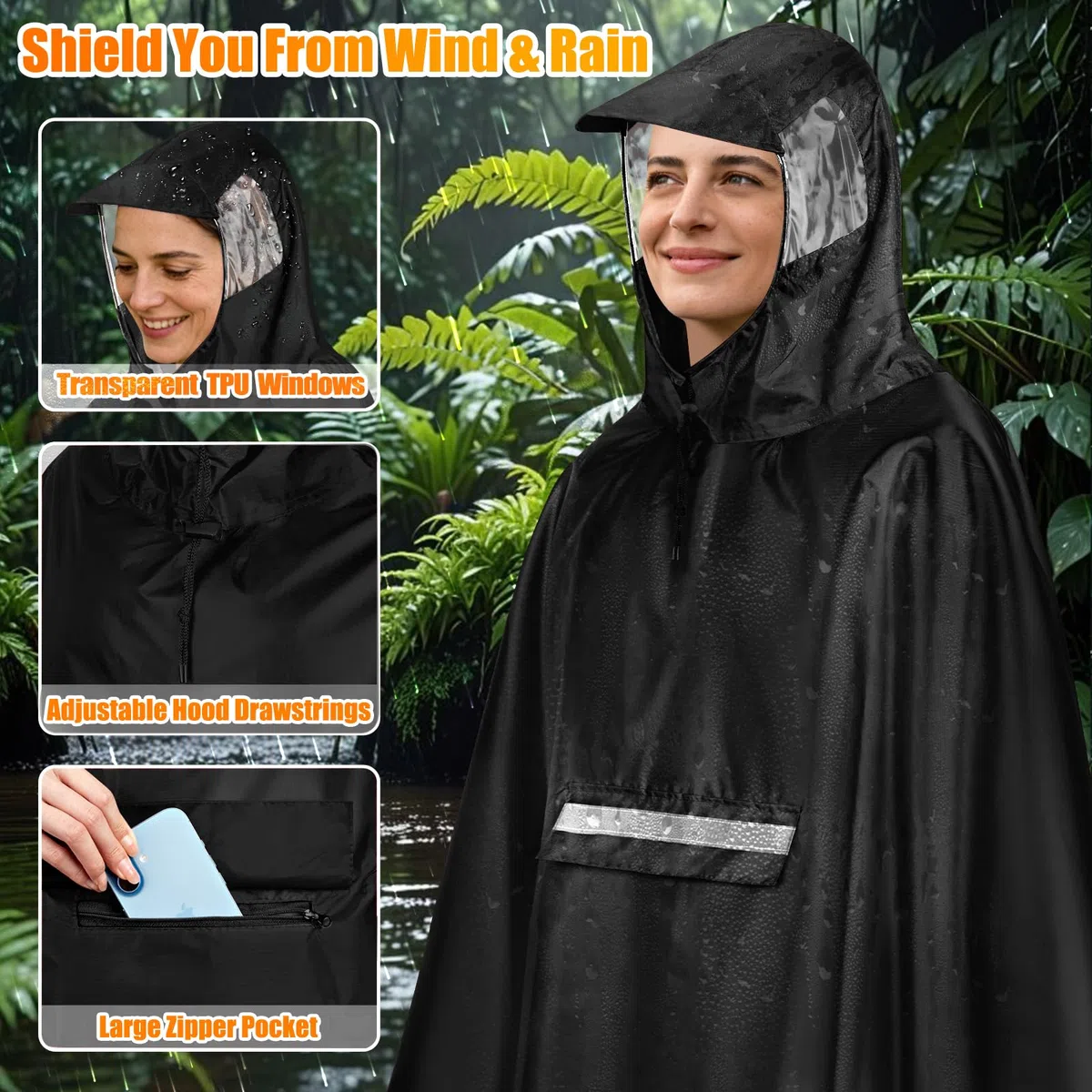 Cape Pluie Velo Portable Léger Poncho Pluie Velo Imperméable Vêtements Avec Reflechissant Unisexe Poncho Pour Homme Femme