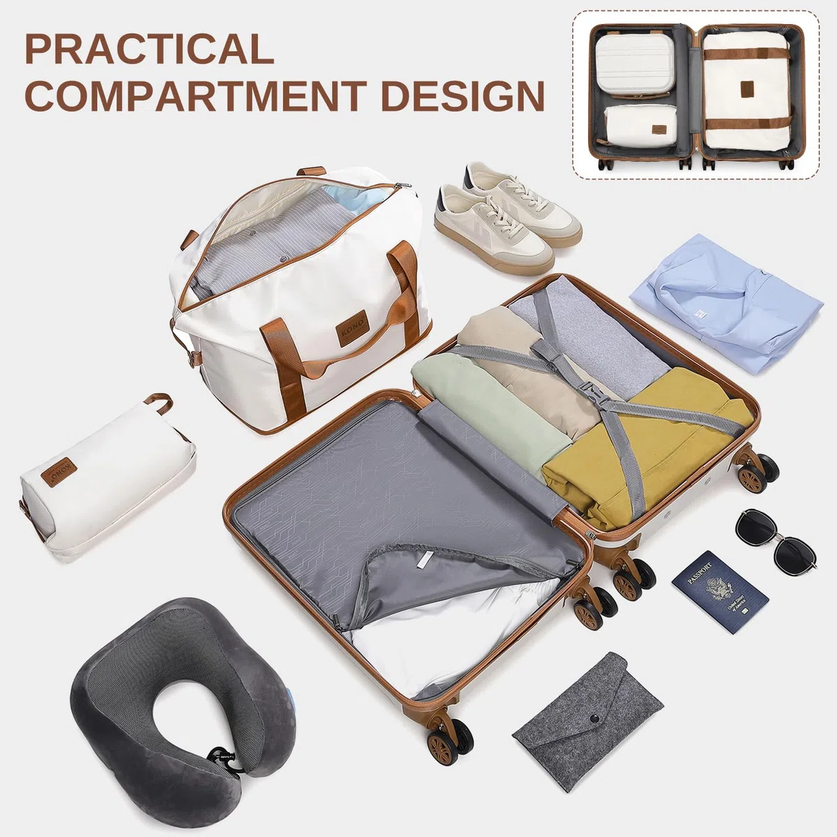 Kono Set de 6 Valises de Voyage Rigide (55/65/74cm) à 4 roulettes, avec Vanity Case, Sac de Voyage Pliable pour Le Sport et Trousse de Maquillage, Blanc Crème