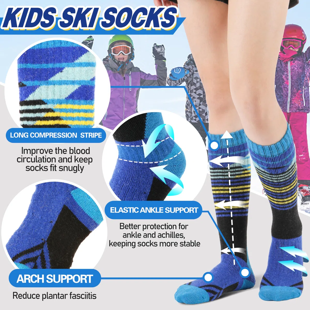 ANTSANG 3 Paires Chaussettes Ski Laine Mérinos Enfants Garçons Filles Chaudes Hiver Épaisses Rembourrées pour Snowboard Ski