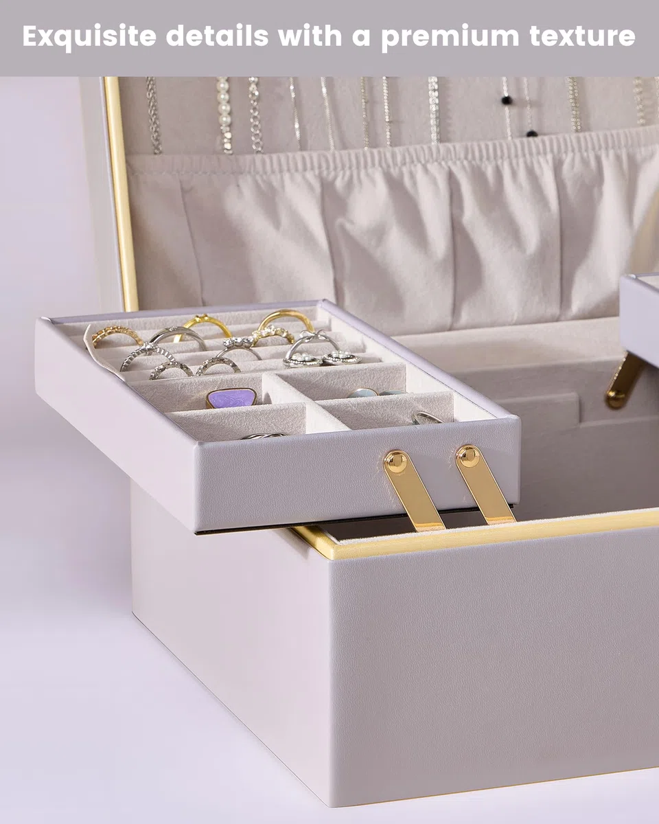 Lolalet Boîte à Bijoux, Coffret de Rangement pour Bijoux en Cuir PU, Multi-Compartiments pour Colliers, Bagues, Boucles d’oreilles, Bracelets et Lunettes de Soleil -2 Niveaux, Violet Brume